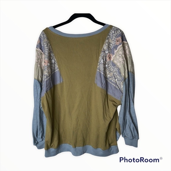 FREE PEOPLE Green Patchwork Oversized Long Sleeve Top Size XS - Picture 5 of 10